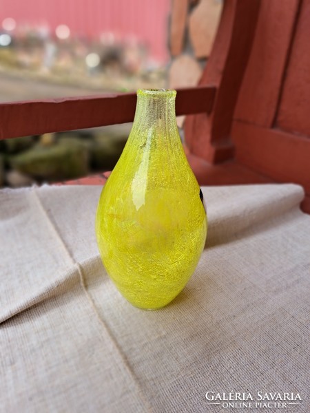 Beautiful yellow lemon-yellow veil glass, 19 cm high flower vase from Karcagi, Berekfürdő