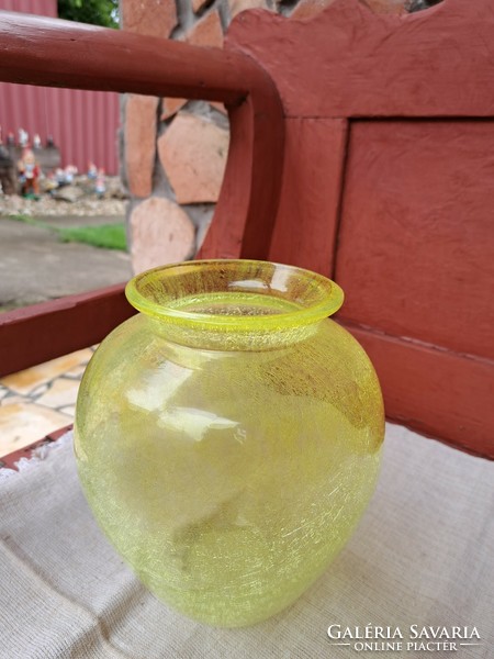 Extra ritka sárga  gömb váza repesztett Gyönyörű  Fátyolüveg fátyol karcagi berekfürdői üveg