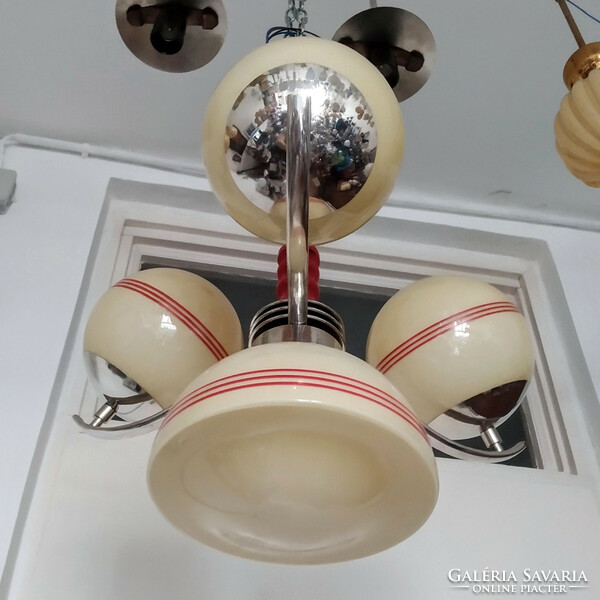 Art deco - streamline - bauhaus 3-arm, 4-burner nickel-plated chandelier renovated - cream-colored covers