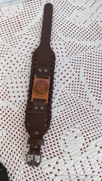 Viking men's leather bracelet brown, with a copper-colored northern amulet valknut, new, 27 x 4 cm.