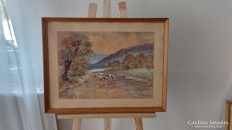 (K) old watercolor painting with Bereg signature, 62x49 cm frame