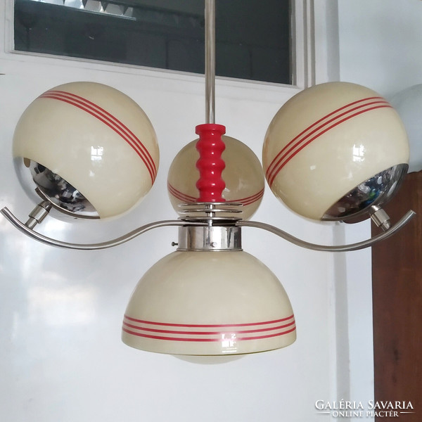 Art deco - streamline - bauhaus 3-arm, 4-burner nickel-plated chandelier renovated - cream-colored covers