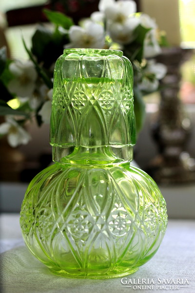 Antique uranium glass Belgian val saint lambert water bottle with glass ...