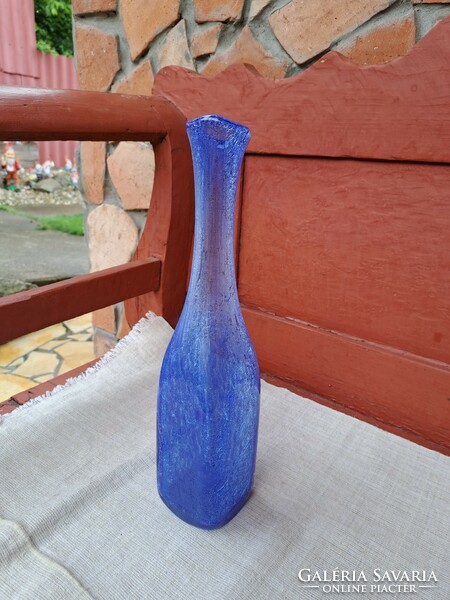 Beautiful rare blue veil glass, Karcagi, Berekfürdői 33.5 High fiber vase vase for flowers mid-century