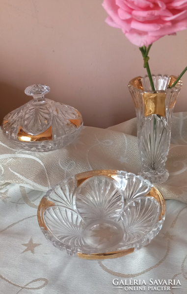 Art deco anna hütte crystals (vase, tray, bonbonnier) with thick gold decoration