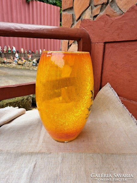 Ritka  repesztett Fátyolüveg fátyol karcagi berekfürdői üveg sárga váza Gyűjtői