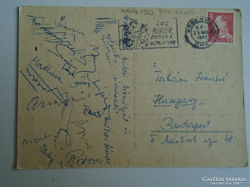 H33.3  FRADI FTC  focicsapat által aláírt képeslap  küldve 1967-ben Dániából, Takács Józsefnek