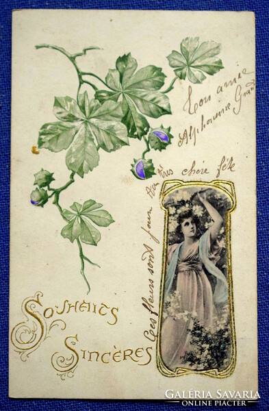 Antik dombornyomott szecessziós litho üdvözlő képeslap vadgesztenye  romatikus hölgy