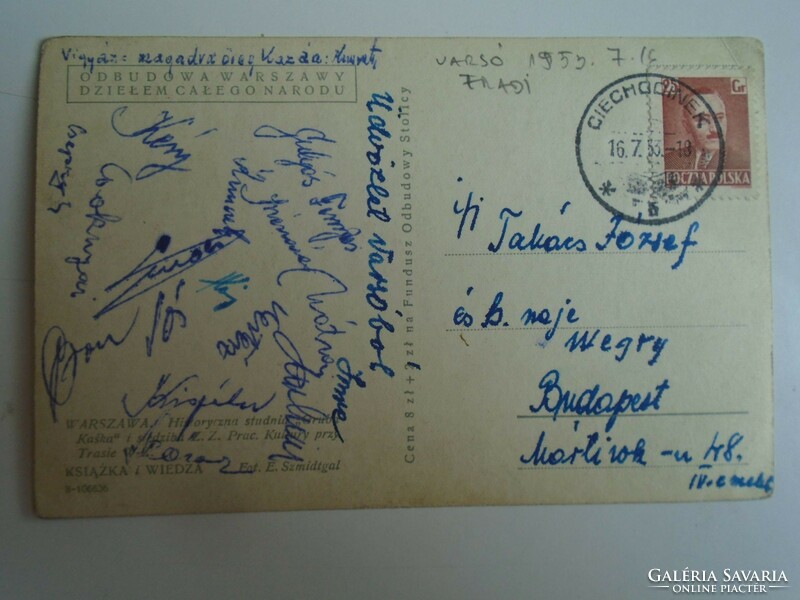 H33.6 Postcard signed by Fradi ftc soccer team sent from Warsaw in 1953 to József Takács