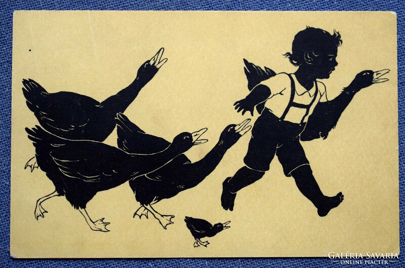 Antique graphic silhouette postcard little boy stealing a duck chased by ducks