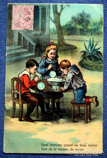 Antik grafikus litho képeslap  buborékot fújó gyerekek  játék
