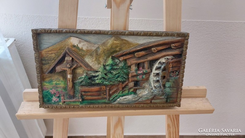(K) old wooden carved and painted wall picture 35x18.5 cm