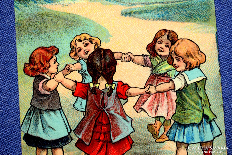 Antik grafikus litho képeslap  körben táncoló gyerekek  játék