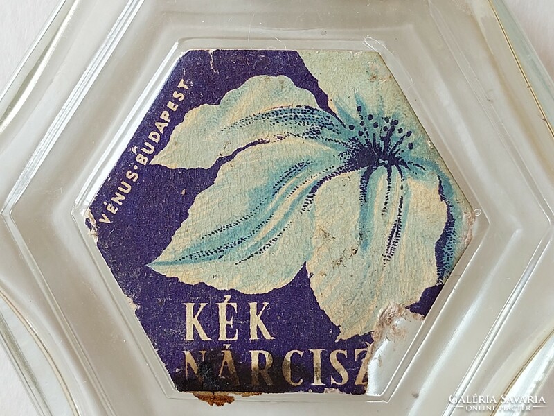Régi parfümös üveg Vénus Budapest Kék Nárcisz címkés kölnis palack