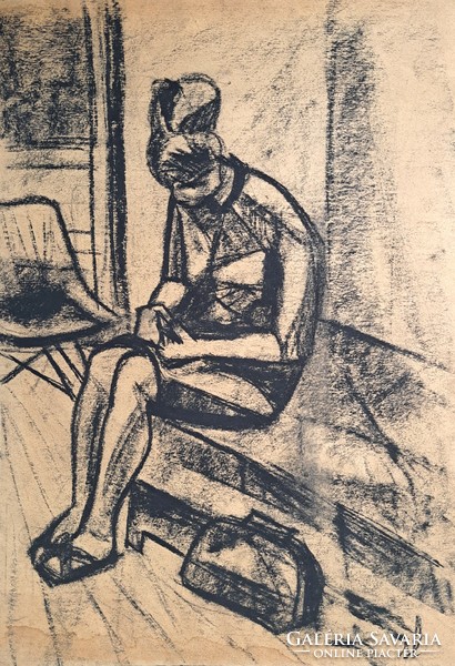 Seated woman, charcoal drawing 