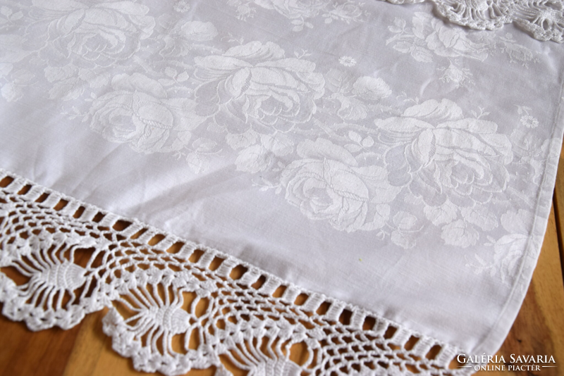 Antique old beautiful damask decorative towel hand crocheted lace folk tradition huge 144 x 65