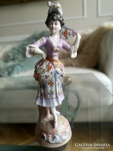 Antique porcelain lady with fan in baroque dress, hand painted, marked 1818, damaged, incomplete,