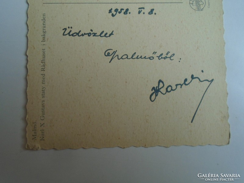 H34.1  FRADI FTC Aranycsapat - LAKAT KÁROLY  által írt képeslap MALMÖ 1958.5.8. Takács II.-nek