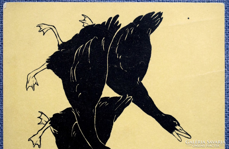 Antik grafikus sziluett képeslap  kacsát lopó kisfiút kacsák kergetnek