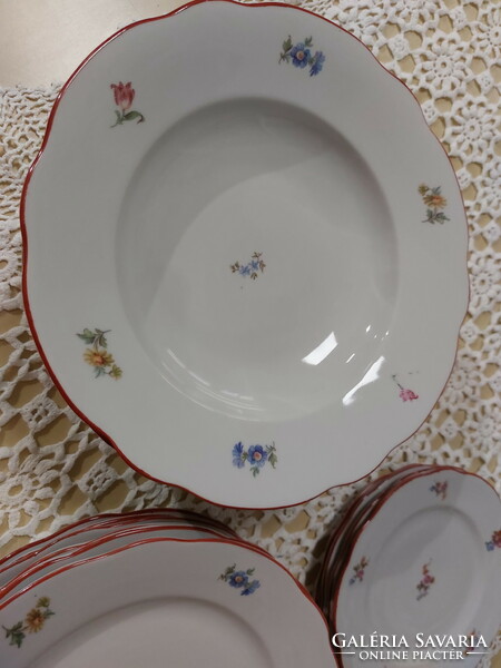 Zsolnay gyönyörű virágos porcelán tányérok, piros széllel