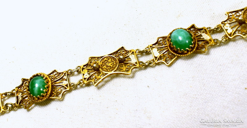 Beautiful polished green stone gold-plated silver filigree bracelet!