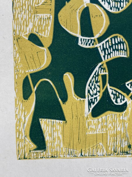 Társaság, színes absztrakt jelzett linómetszet 1975-ből - Konecsni Zsizsi alkotása