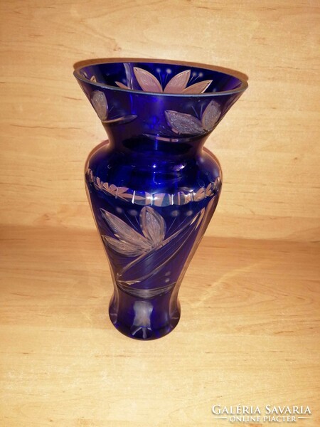 Retro etched blue glass vase 22 cm (7/d)