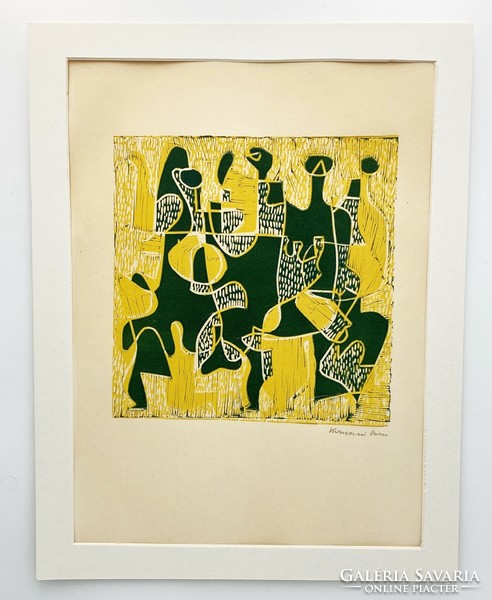 Company, colorful abstract labeled linocut from 1975 - work of Zsíssi Konecsni