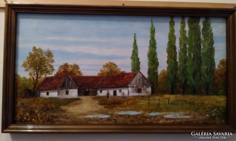 Oil painting by László Szabó. Contemporary. Farm world. 35X65 cm.