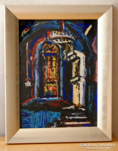Hungarian artist: colors and lights in the church - oil painting, framed