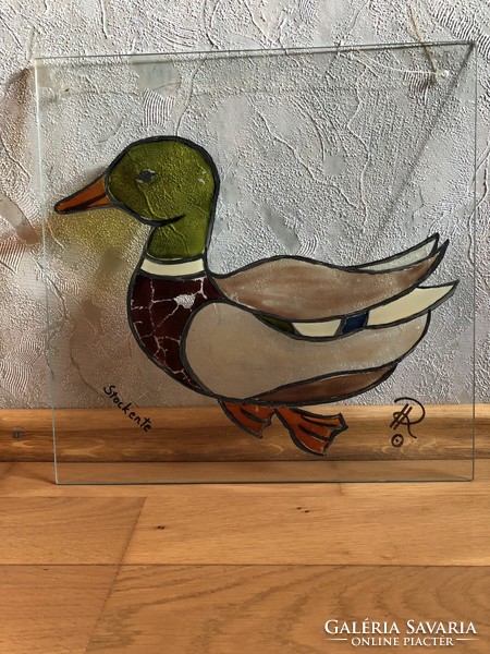 Cute duck pattern painted? Glass plate - marked / signed