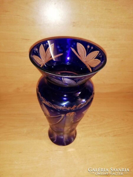 Retro metszett kék üveg váza 22 cm (7/d)