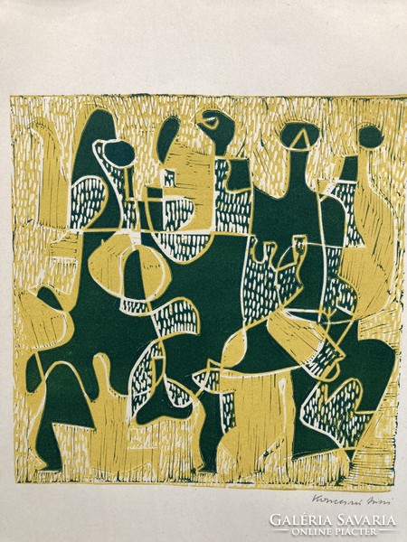 Company, colorful abstract labeled linocut from 1975 - work of Zsíssi Konecsni