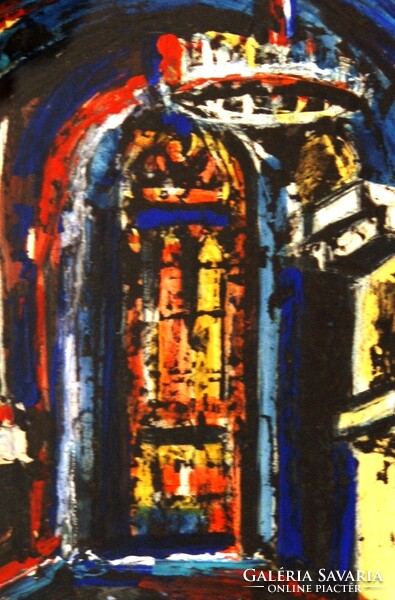Magyar művész: Színek és fények a templomban - olajfestmény, keretezve