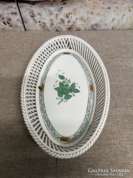 Herendi Zöld Apponyi Mintás Fonott Szélű Porcelán Kínáló Tál A47