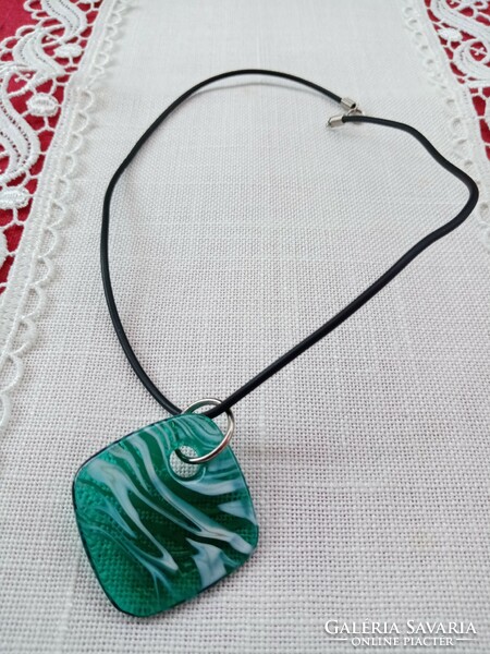 Handmade colorful - blue green - cast glass pendant - on a black strap