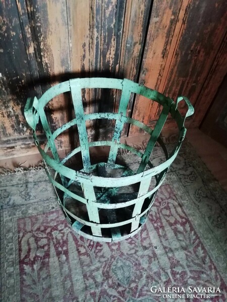 Wine balloon holder, old riveted piece, beautiful weathered green metal wood as storage or other decor