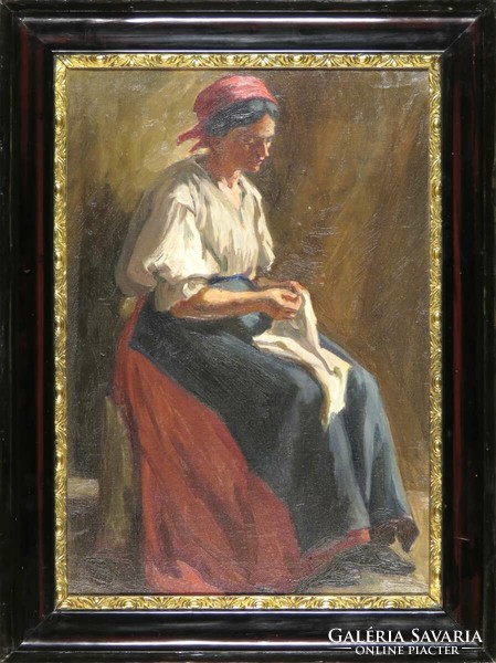 Magyar festőművész 1920 körül : Varrogató