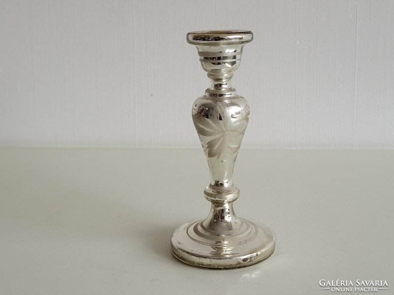 Old huta glass silver gold painted carved candle holder