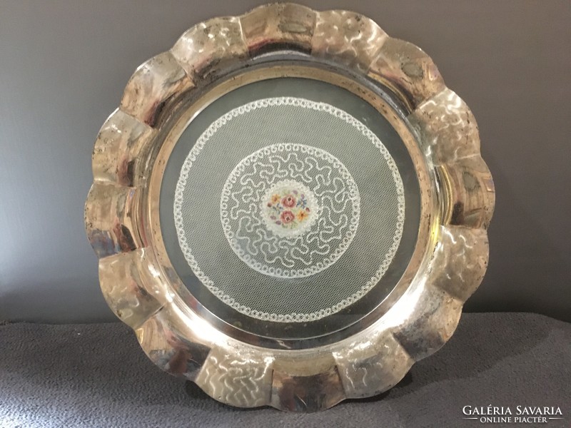 Large silver-plated tray with lace decoration in the middle!! Indicated!! 36X4.5. Cm!!!!