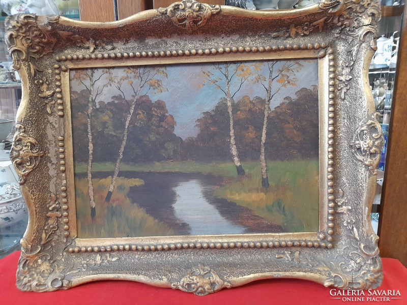 Oil, cardboard landscape painting in blonde frame.