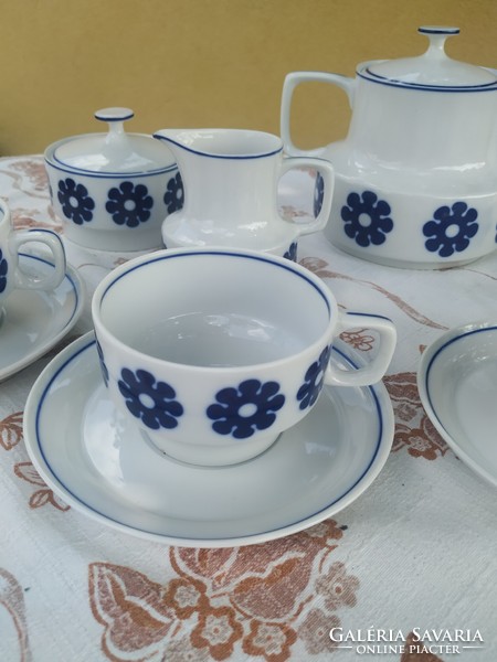Hollóházi porcelain five-person tea set with blue flower pattern for sale! Rarity!