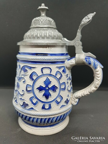 Old German salt-glazed beer mug with tin lid