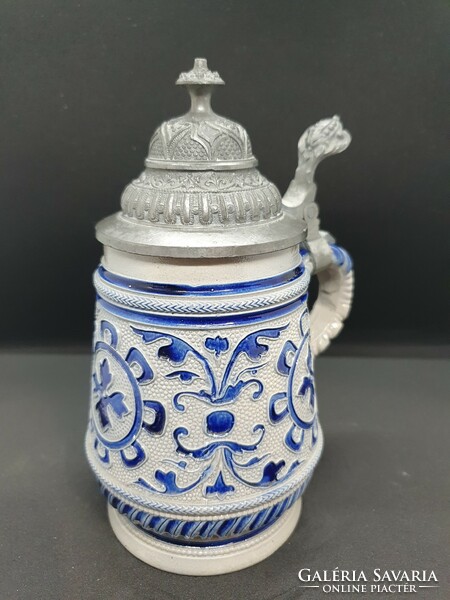 Old German salt-glazed beer mug with tin lid