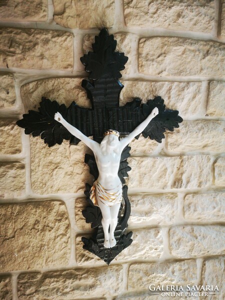 Beautiful antique cross crucifix corpus wood and porcelain biscuit large size.