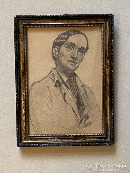 Male portrait antique graphic pencil drawing in original frame