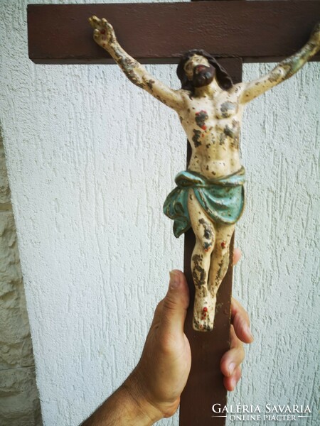 Antique cross corpus crucifix painted Jesus Christ statue wood effect, but cast iron. 100 years old
