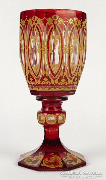 1N084 beautiful large antique footed crimson stained Biedermeier glass cup 20.5 Cm