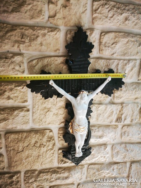 Beautiful antique cross crucifix corpus wood and porcelain biscuit large size.