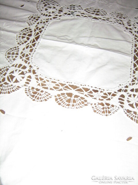White madeira embroidered tablecloth with beautiful hand-crocheted edges and inserts